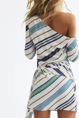 One-shoulder viscose dress - Crème/rayé — photo 3