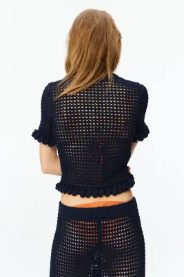 Pantalon en maille ajourée avec détails corde - Bleu marine — photo 3