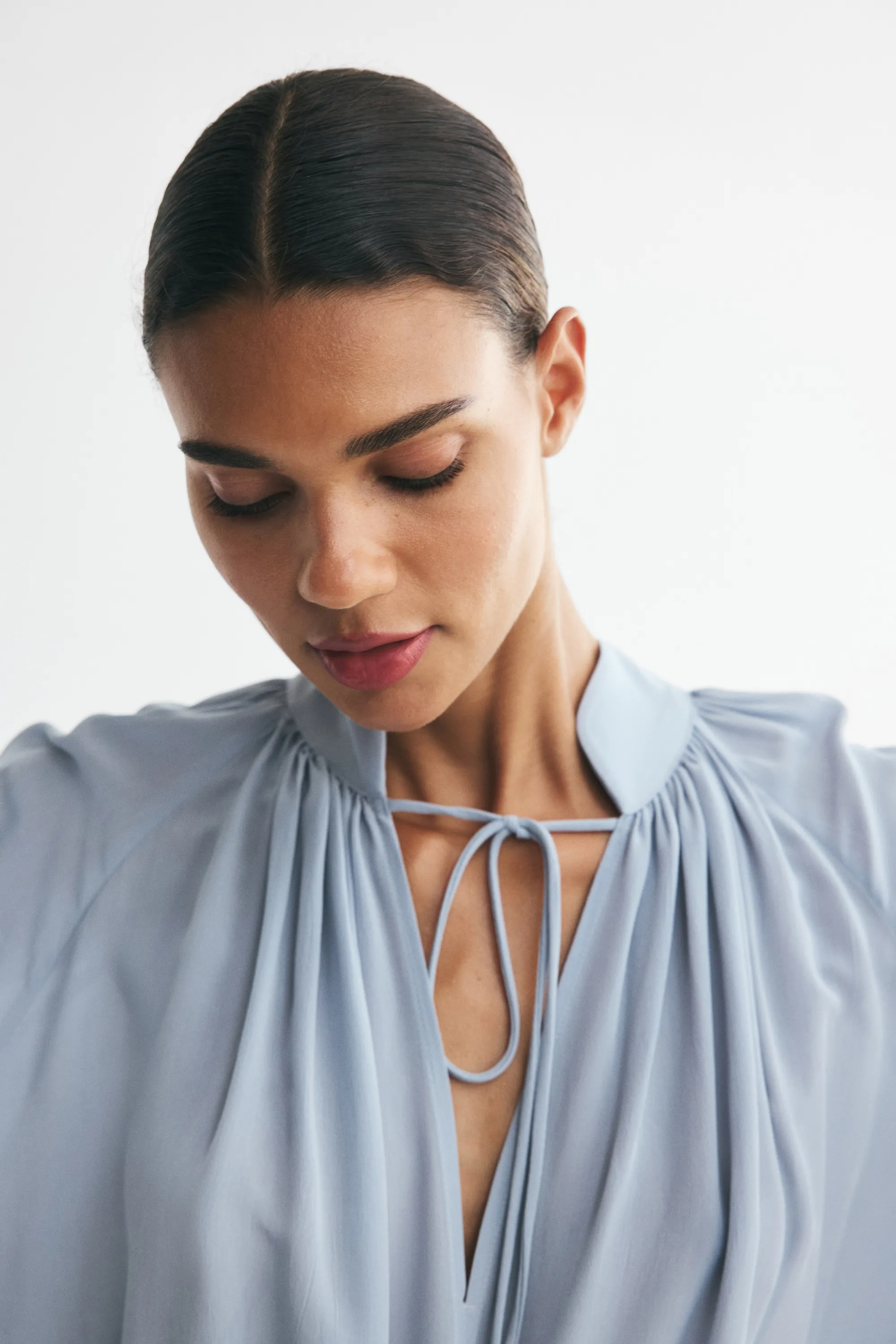 Blouse en viscose à manches ballon - Bleu ancien clair