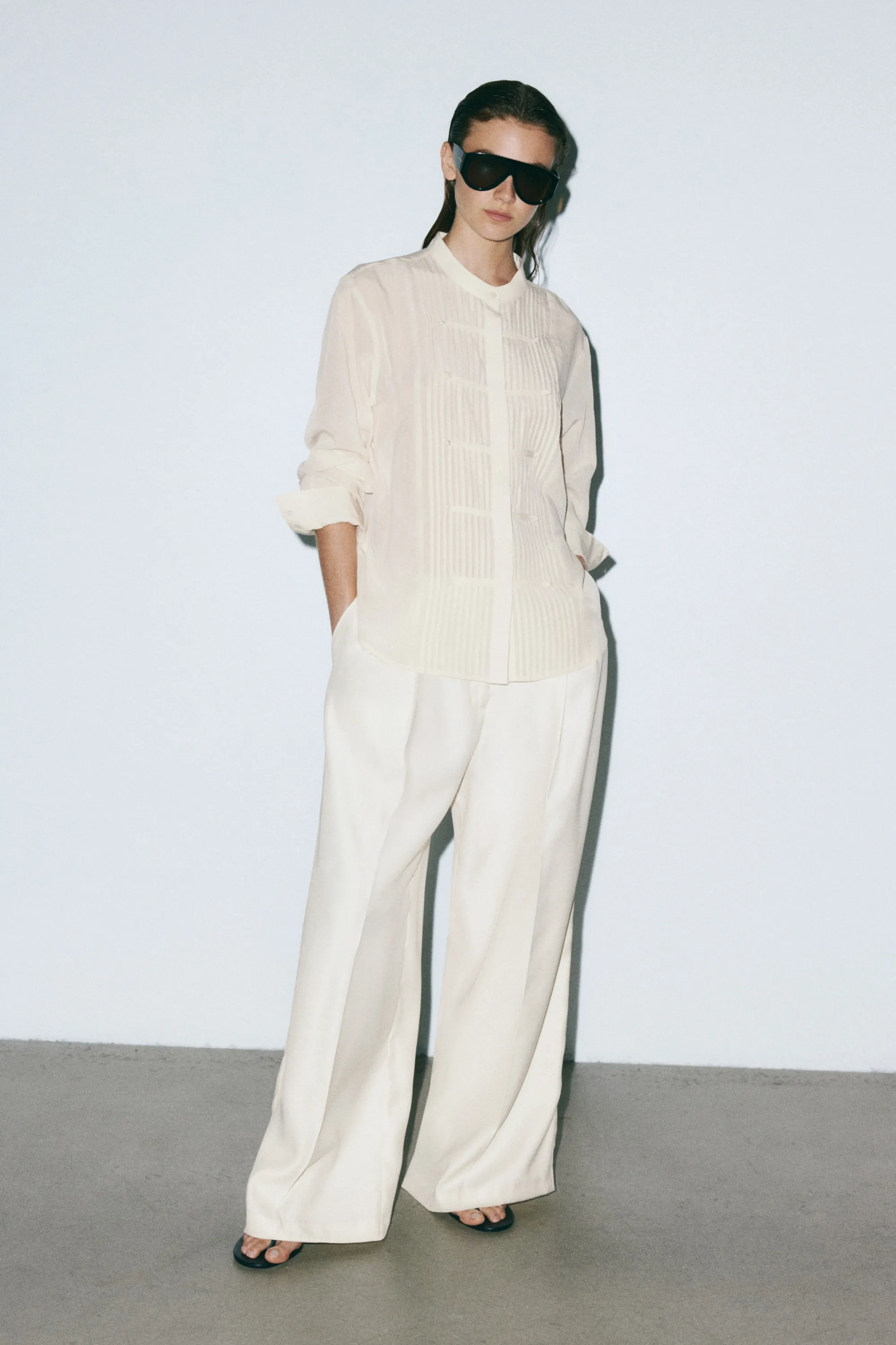 Blouse à boutons avec plis nervure - Beige clair