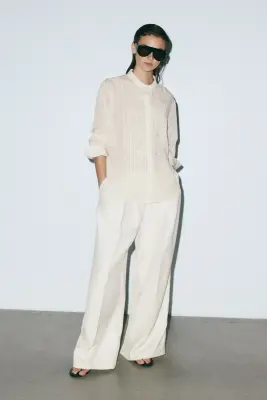 Blouse à boutons avec plis nervure - Beige clair — photo 1