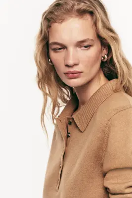 Pull façon polo avec épaulettes - Beige foncé — photo 2