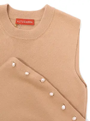 Robe longue en laine mérinos camel à perles crème Prix boutique 1200€ Taille XS à S — photo 2