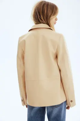 Veste en cuir avec col - Beige clair — photo 2