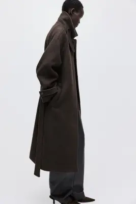 Manteau oversize en laine mélangée - Marron foncé — photo 3