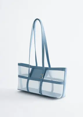 Sac cabas en mesh à bordures en cuir - Bleu — photo 3
