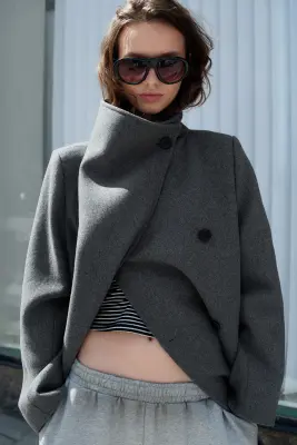 Manteau oversize à col cheminée en mélange de laine - Dark Grey Melange — photo 3