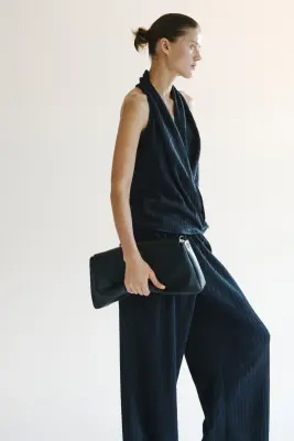 Pantalon froissé avec cordon de serrage - Bleu marine — photo 3