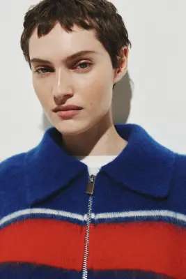 Pull à col zippé en mohair mélangé - Bleu vif/rayures rouges — photo 1
