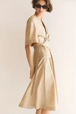 Robe portefeuille midi - Beige — photo 4