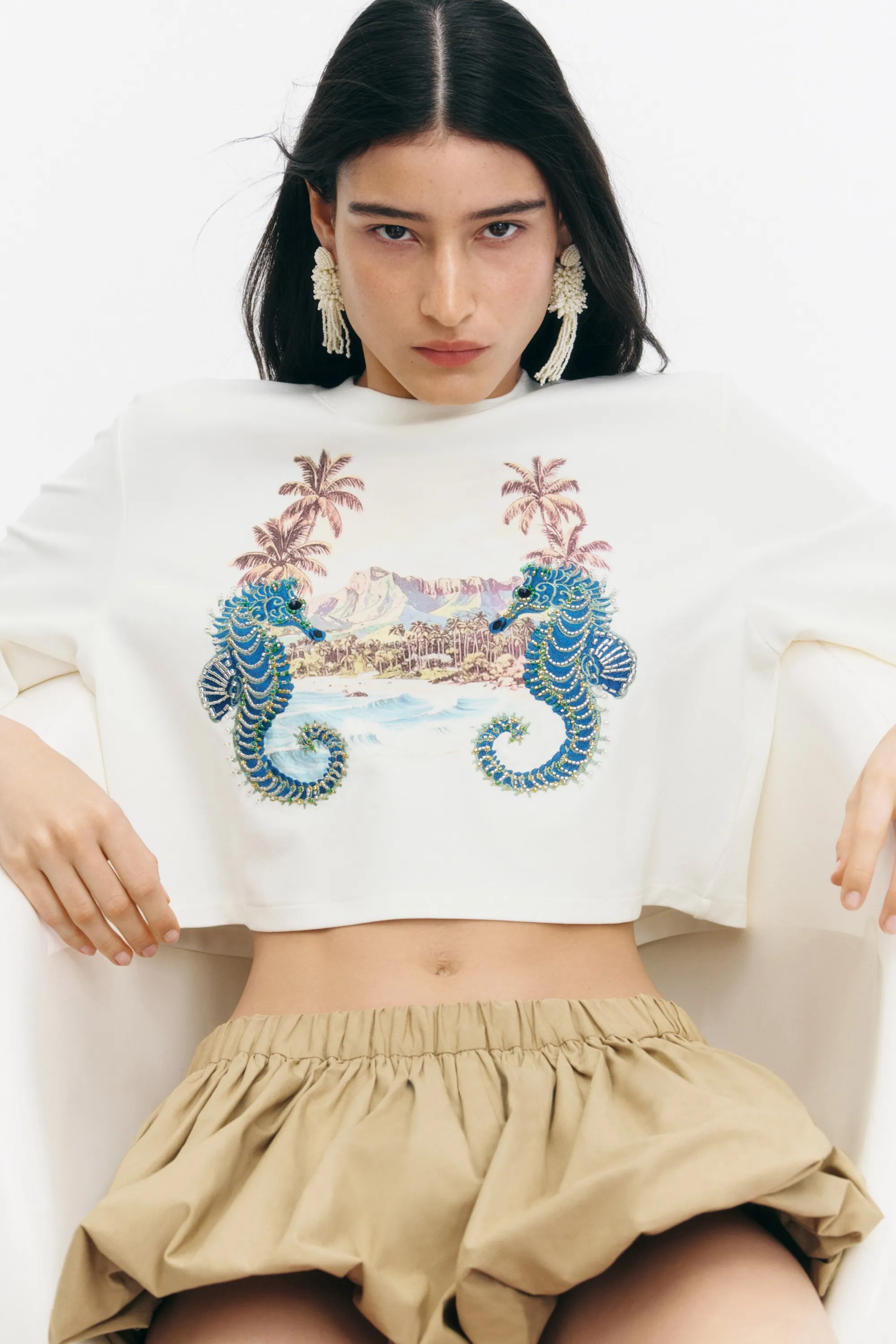 T-shirt court avec ornementations - Blanc/hippocampes