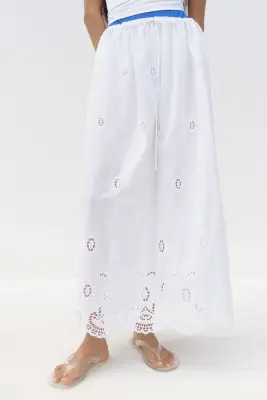Jupe à cordon de serrage avec broderie anglaise - Blanc — photo 2