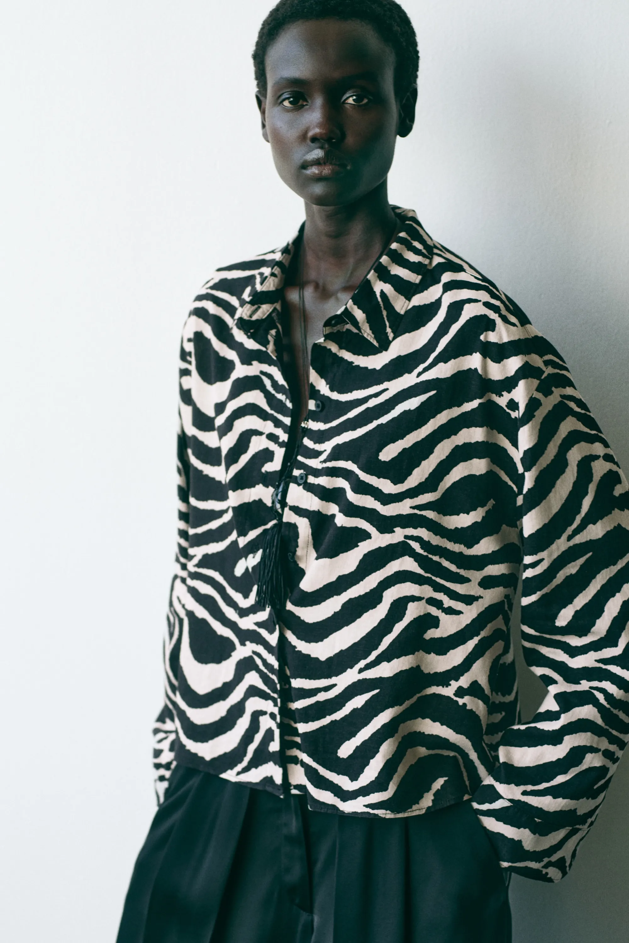 Chemise en lin mélangé - Noir/imprimé zèbre
