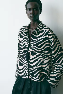 Chemise en lin mélangé - Noir/imprimé zèbre — photo 1