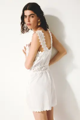 Combi-short en coton avec dentelle - Blanc — photo 4