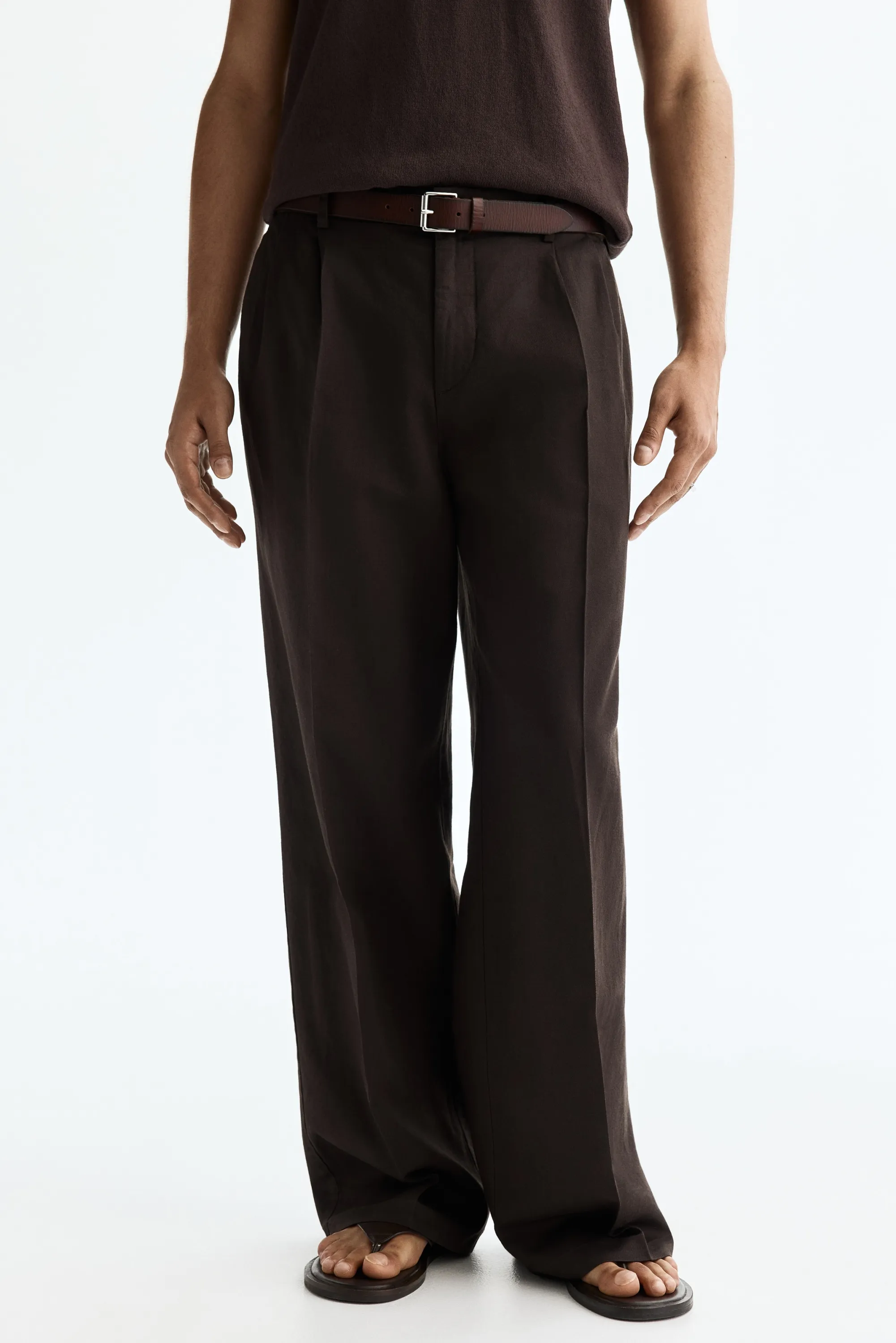Pantalon large Loose Fit en lin mélangé - Marron foncé