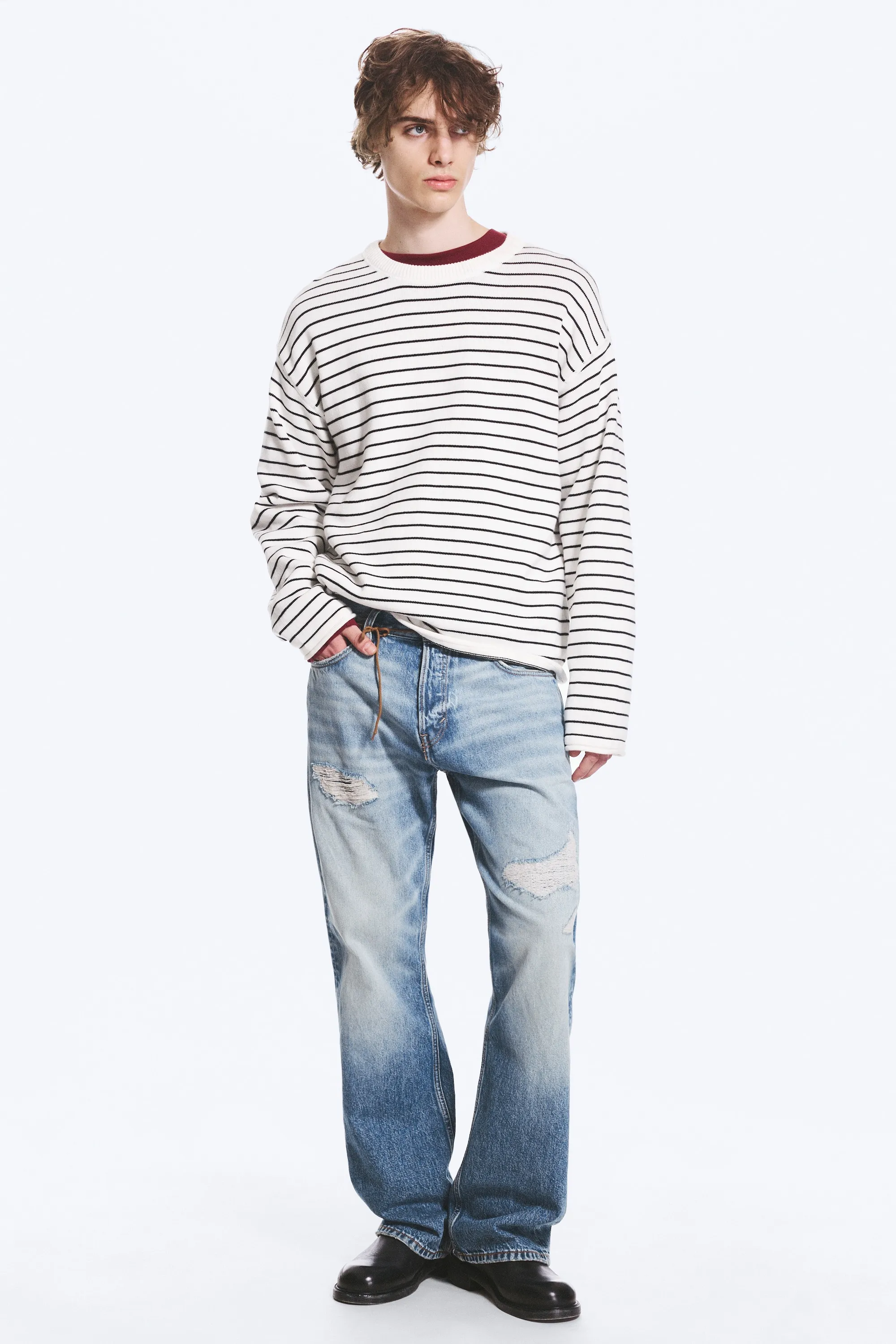 Pull confectionné en coton - Blanc rayé