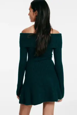 Robe épaules nues en maille côtelée - Vert foncé — photo 2