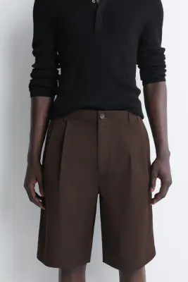 SHORT DE COSTUME À PLIS EN COTON - BRUN — photo 1