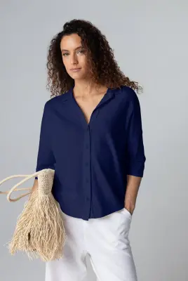 Chemise Marine Manches Courtes en Coton / Lin — photo 2