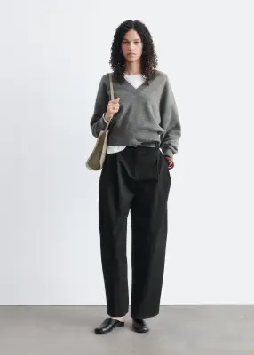 Pull à col en V côtelé en laine et en coton - Gris — photo 2