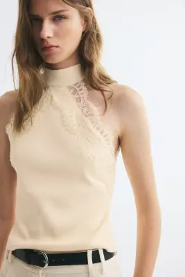 Top en maille avec dentelle - Crème — photo 2