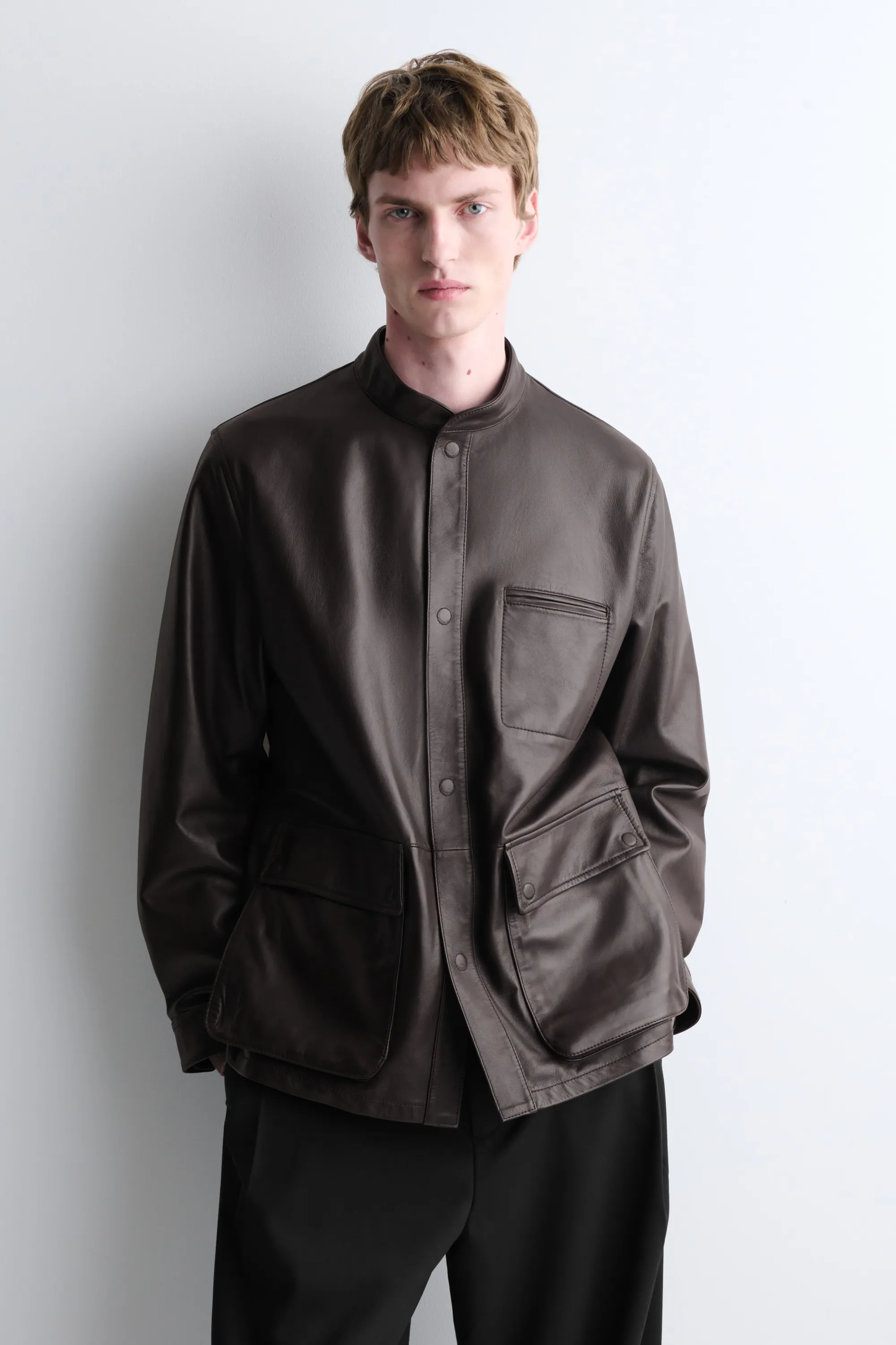VESTE EN CUIR NAPPA BRILLANT - BRUN FONCÉ