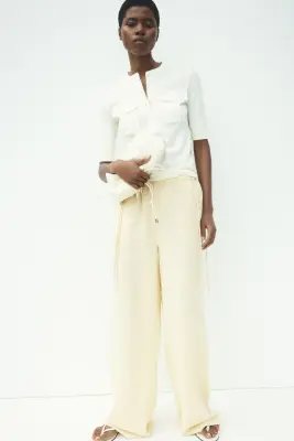 Pantalon à cordon en lin mélangé - Jaune — photo 1