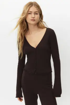 Gilet en maille côtelée de lin mélangé - Marron foncé — photo 1