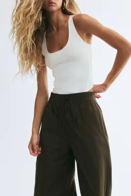 Pantalon à jambes ballon en popeline - Vert kaki foncé — photo 1