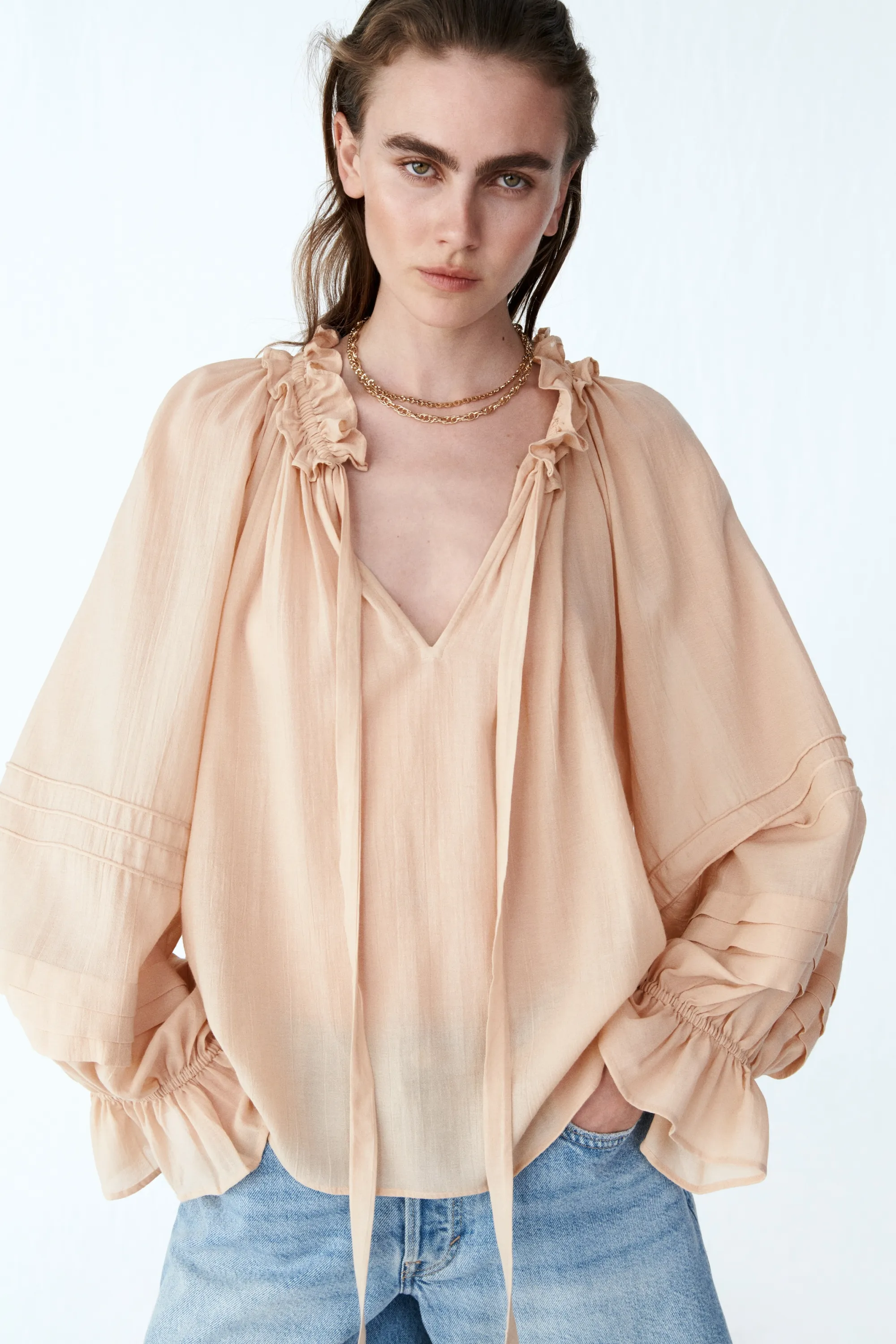 Blouse à col volanté - Beige