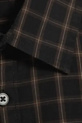 Chemise carrée à manches longues en popeline de coton - Noir/marron à carreaux — photo 4