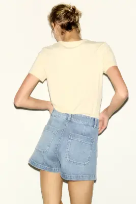 Short taille haute en denim - Bleu denim clair — photo 3