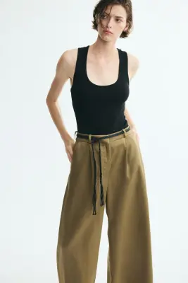 Pantalon en lin mélangé avec ceinture à nouer - Vert kaki — photo 1