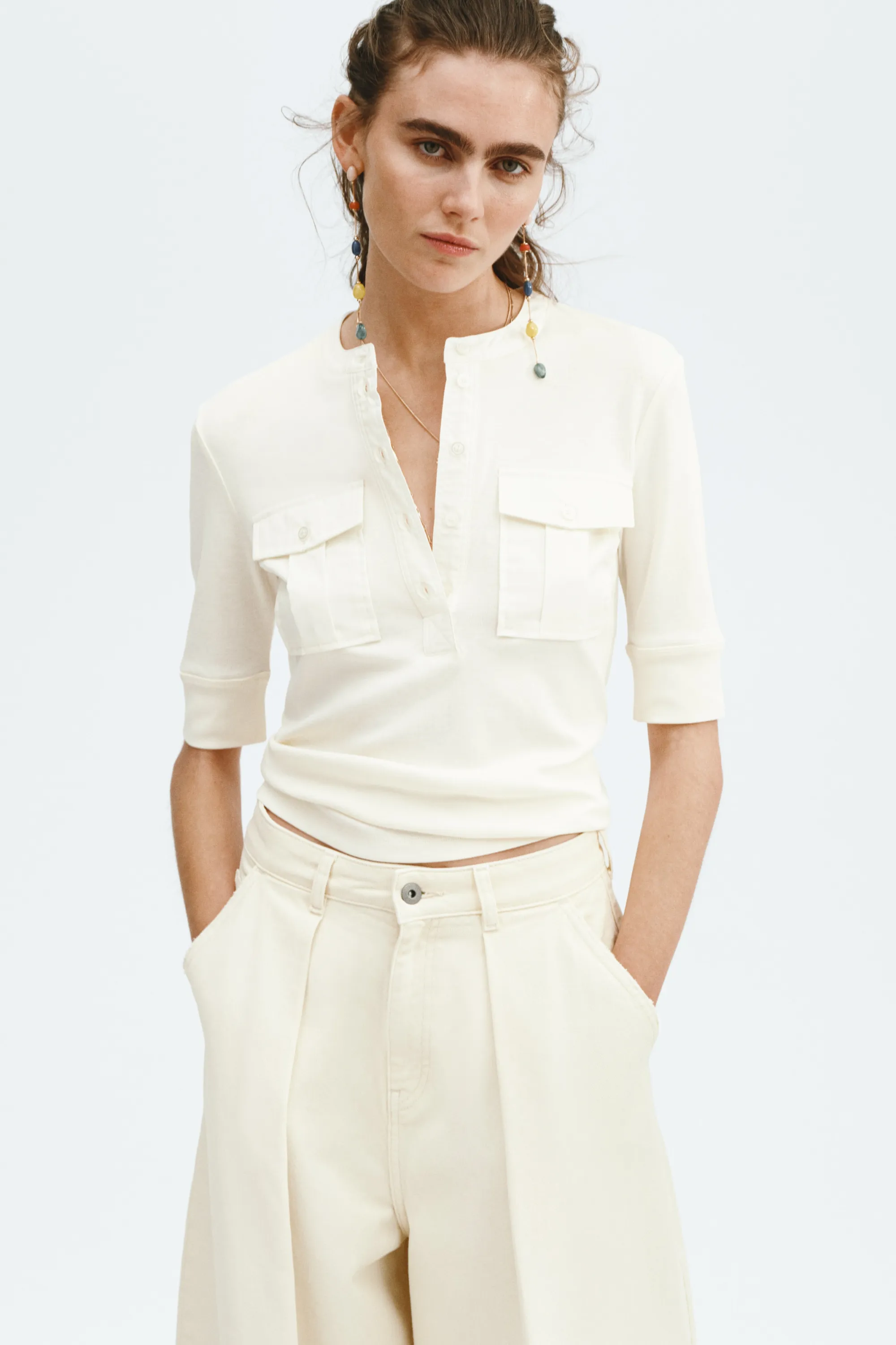 Top en coton pima avec col tunisien - Jaune pâle