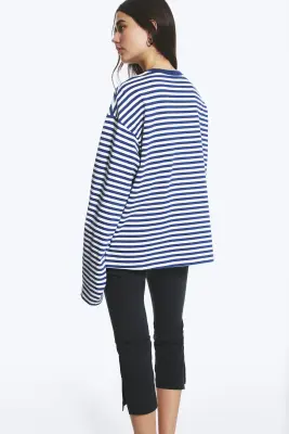 T-shirt en coton à manches longues - Blanc/bleu foncé rayé — photo 3