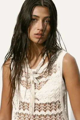 Robe de plage en maille pointelle - Crème — photo 3