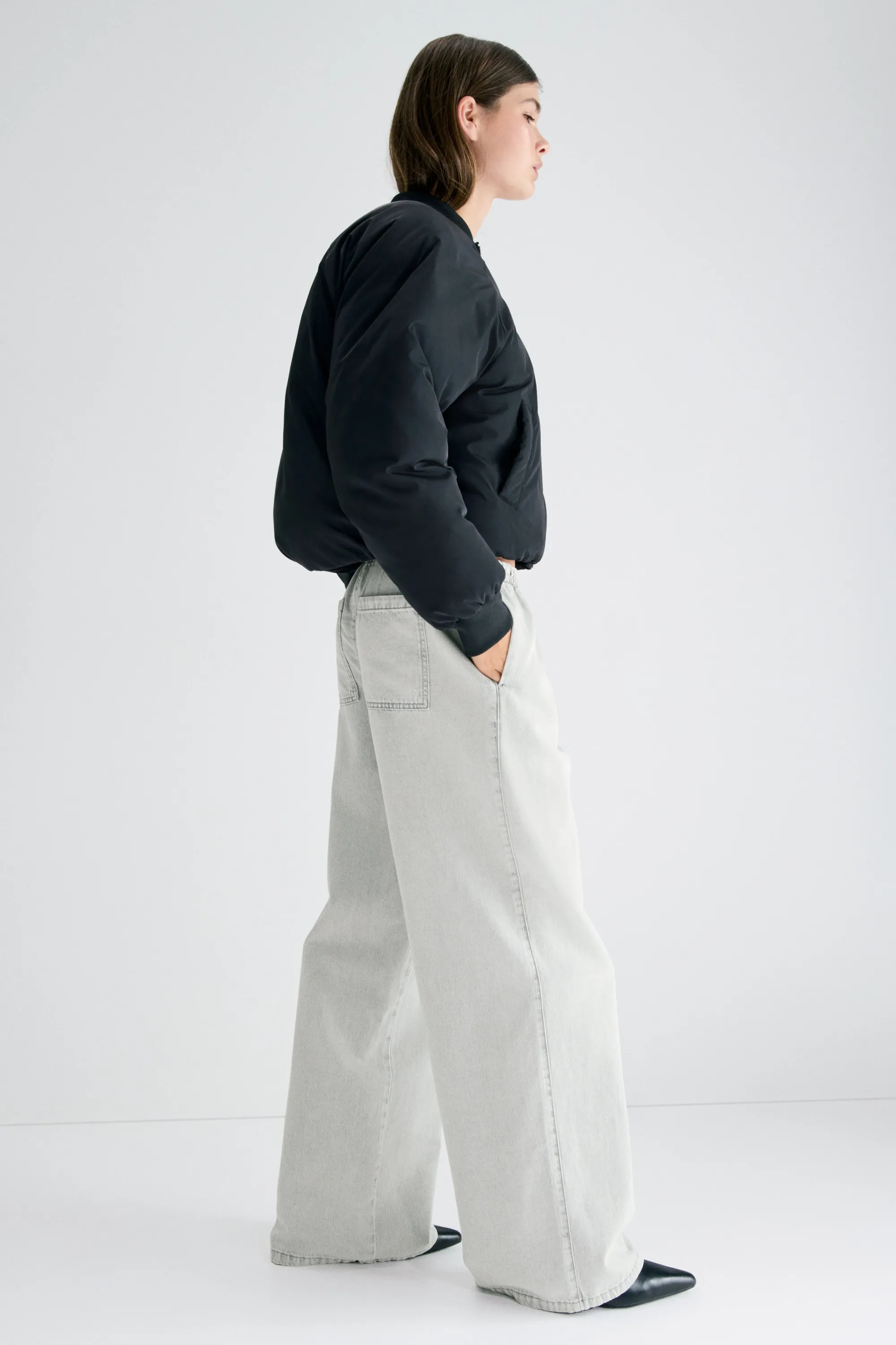 Pantalon en denim avec taille élastique - Gris clair