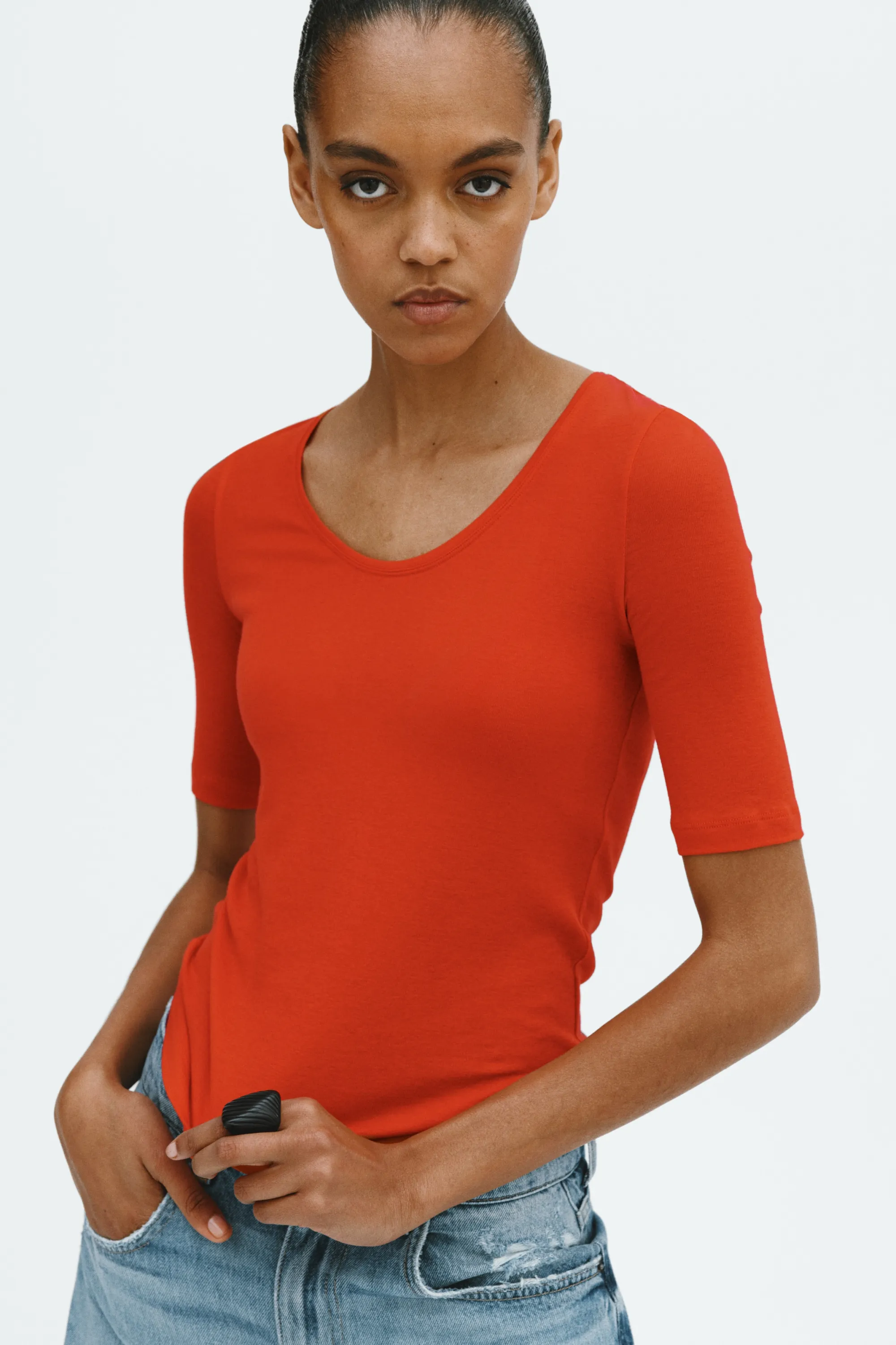 Top en coton pima avec encolure dégagée - Rouge