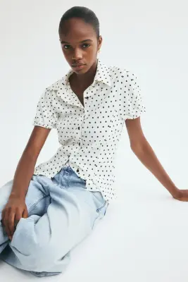 Top à boutons avec manches bouffantes - Blanc/pois — photo 2