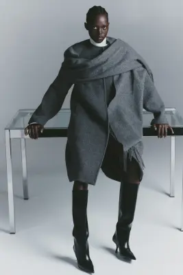 Manteau en laine mélangée avec écharpe - Gris foncé chiné — photo 1