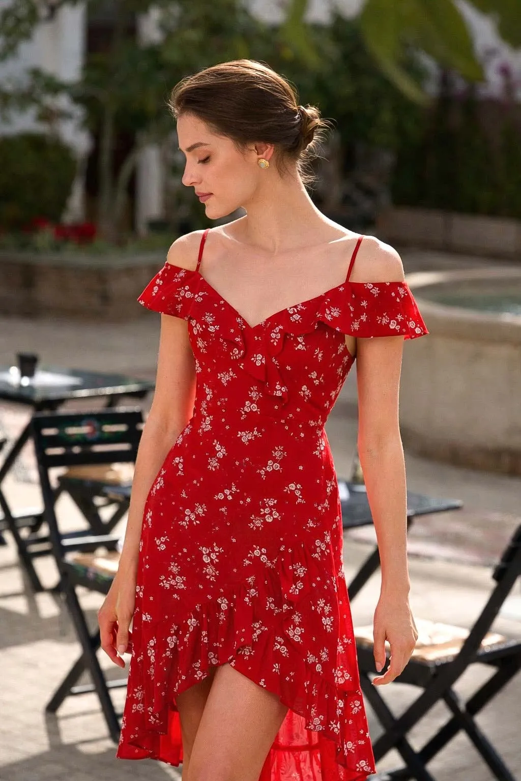 Lana Ruffle Dress - Red white floral