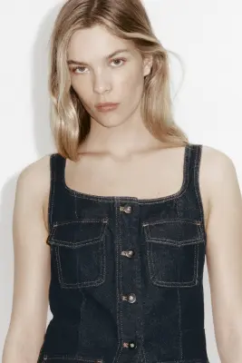 Top à boutons en denim - Bleu denim foncé — photo 2