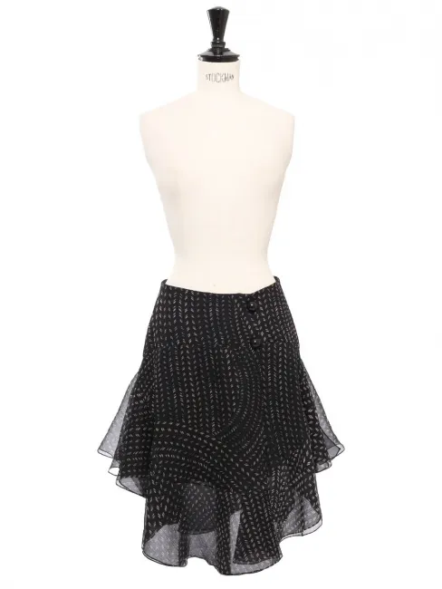 Jupe taille haute patineuse en soie noir imprimé marron Prix boutique 1200€ Taille 34
