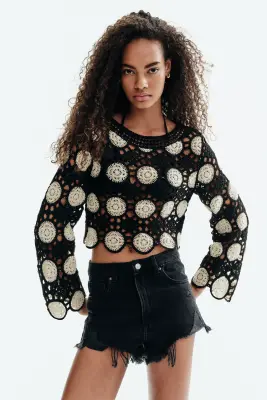 Short en denim à effet usé - Noir — photo 1
