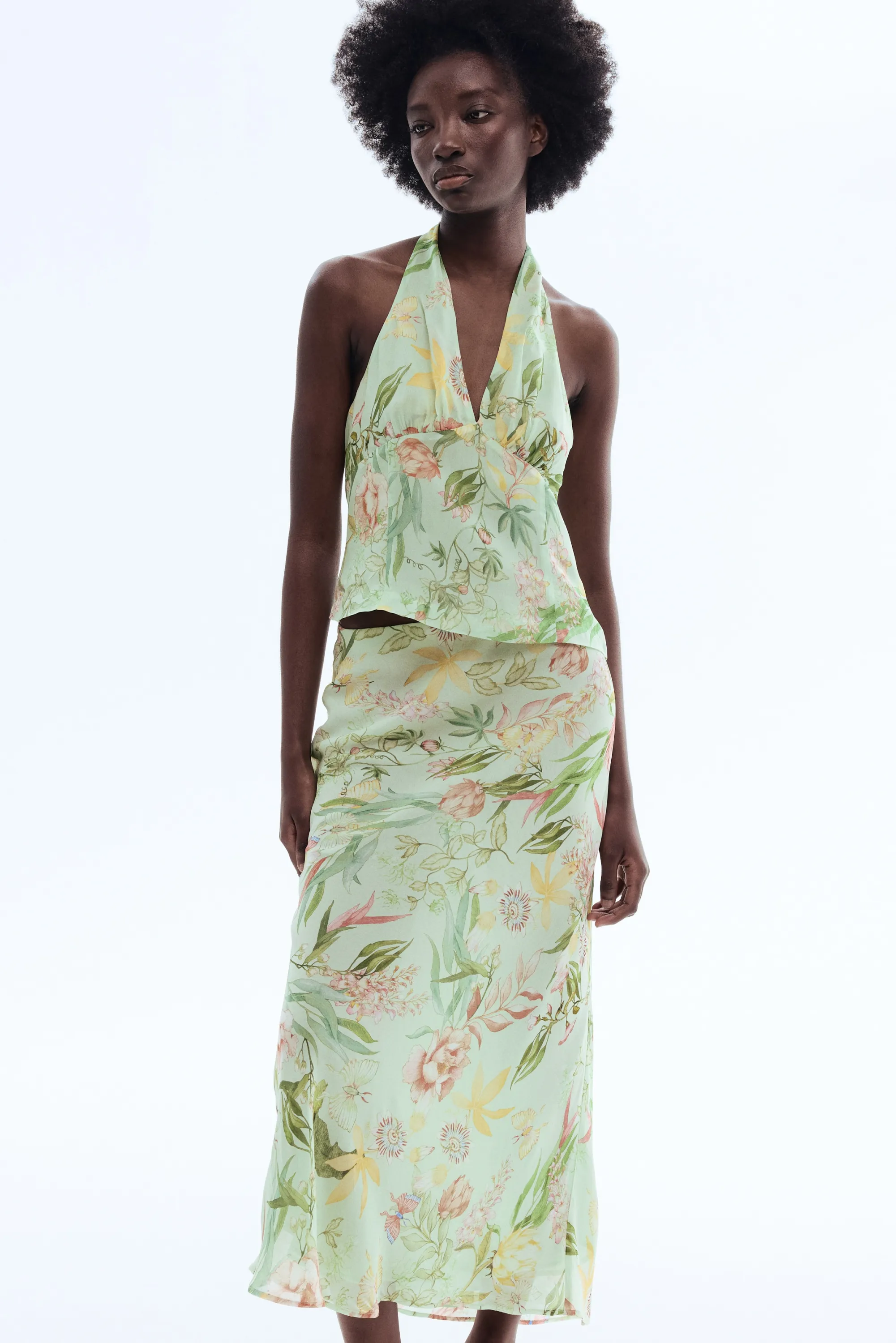 Jupe imprimée en viscose - Vert clair/fleuri