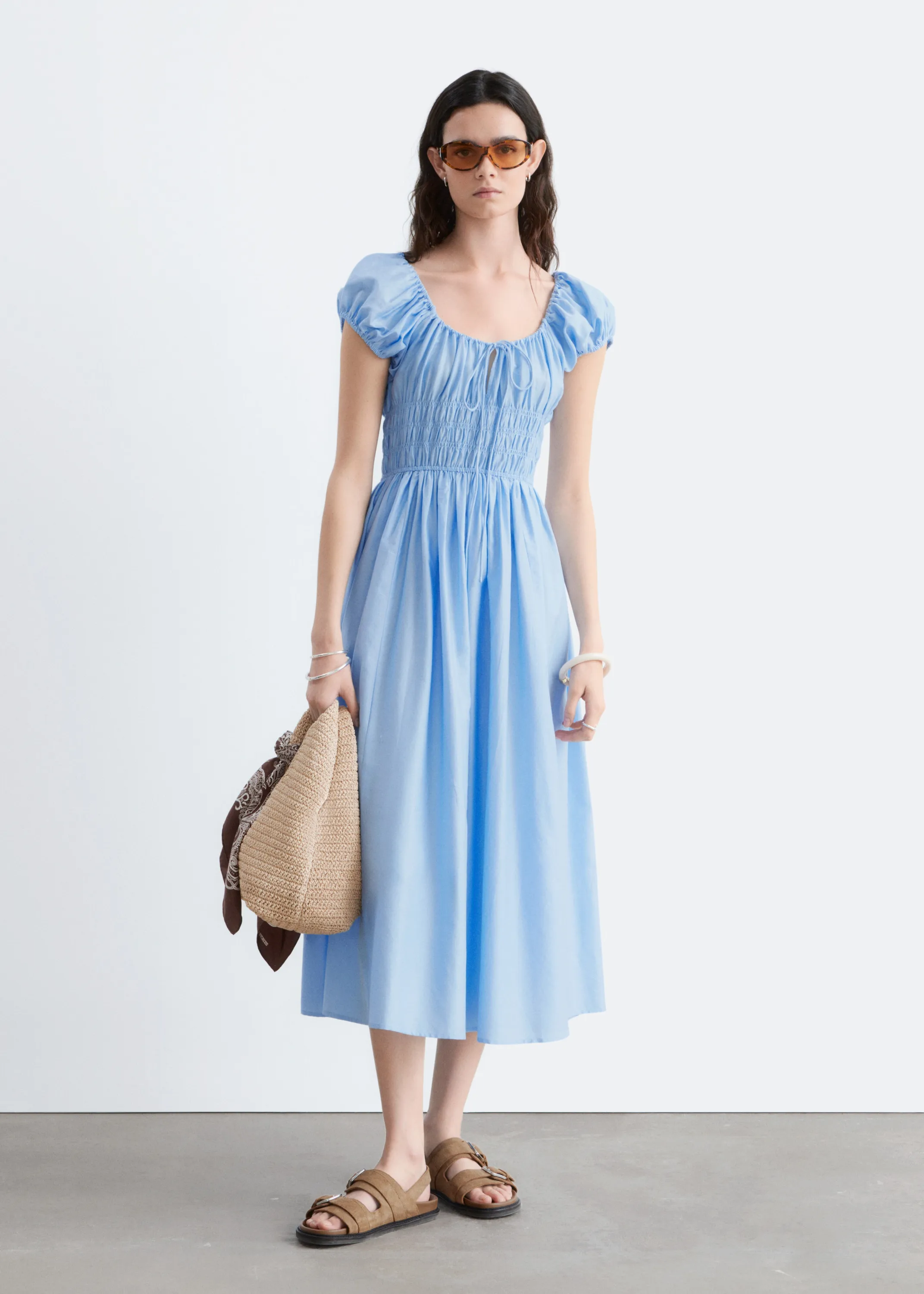 Robe midi à smocks en coton - Bleu clair