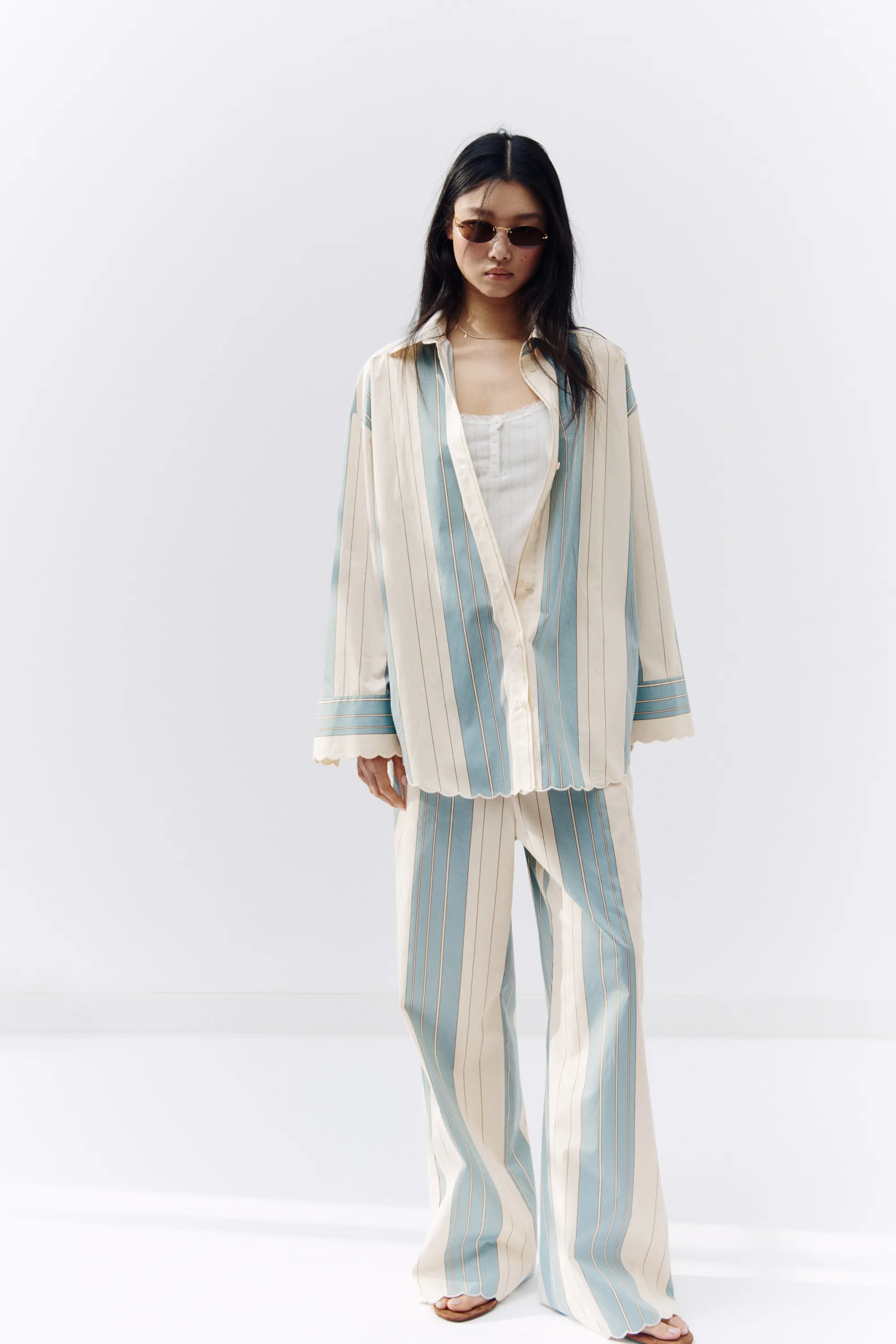 Chemise oversize en popeline - Bleu clair/rayé