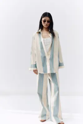 Chemise oversize en popeline - Bleu clair/rayé — photo 1