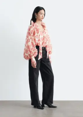 Blouse ample à encolure volantée - Rose / Motifs fleuris — photo 4